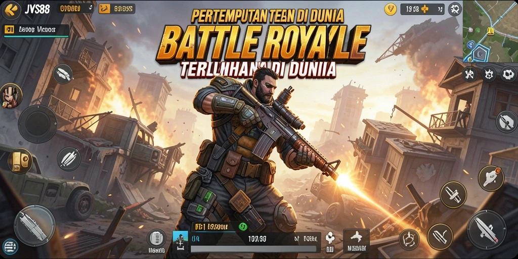 Screenshot utama JVS88 menampilkan aksi mendebarkan dalam pertempuran Battle Royale.
