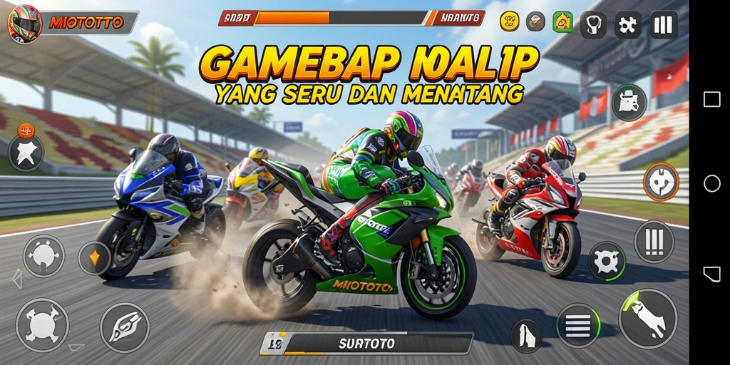 Tampilan gameplay seru dari MIOTOTO dengan balapan motor yang mendebarkan.